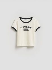 Bawełniany t-shirt z nadrukiem - złamana biel. Koszulki dziewczęce Reserved, bez wzorów, z bawełny, bez ramiączek. Za 39.99 zł.