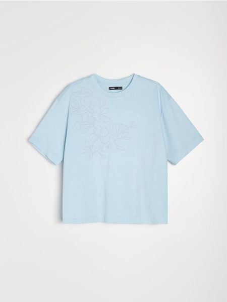 Bawełniana koszulka z haftem - błękitny. Niebieskie t-shirty damskie Sinsay, l, bez wzorów, z bawełny, bez kołnierzyka. Za 29.99 zł.