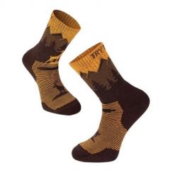 Skarpety trekkingowe z wełny merynosowej z żółtym alpejskim koziorożcem. Żółte skarpetki damskie TRY TO FLY, bez wzorów, z wełny. W wyprzedaży za 83.39 zł.