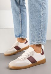 Beżowo-Bordowe Sneakersy Tenisówki w Kultowym Stylu Neolithaen. Białe trampki i tenisówki damskie Renee, bez wzorów, z jeansu. Za 74.99 zł.
