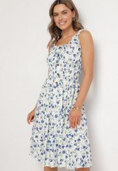 Biało-Niebieska Sukienka Rozkloszowana na Ramiączkach w Kwiaty Tallio. Białe sukienki damskie Born2be, na co dzień, l, bez wzorów, z jeansu, eleganckie, bez kołnierzyka, bez ramiączek, midi, proste. W wyprzedaży za 39.99 zł.