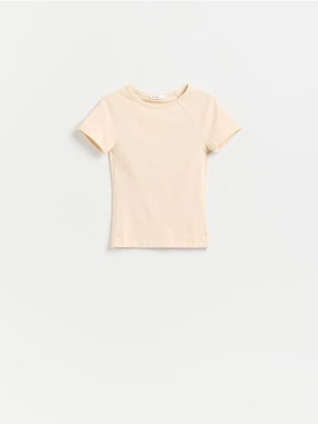 T-shirt z wiskozą - jasnożółty. Żółte t-shirty damskie Reserved, l, bez wzorów, z bawełny, bez kołnierzyka. Za 49.99 zł.