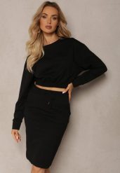 Czarny Bawełniany Komplet Bluza i Spódnica z Wsuwanymi Kieszeniami i Gumką w Pasie Morune. Czarne bluzy bez kaptura damskie Renee, m, z bawełny. Za 99.99 zł.