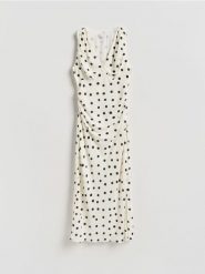 Sukienka midi w grochy - wielobarwny. Sukienki damskie Reserved, l, bez wzorów, z tkaniny, bez kołnierzyka, bez ramiączek, midi, dopasowane. Za 149.99 zł.