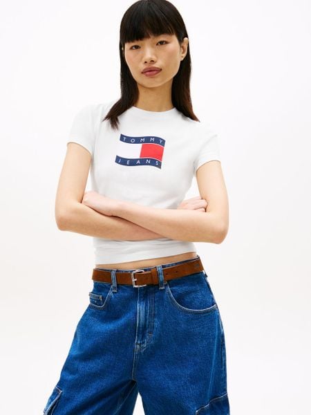 Tommy Jeans Koszulka Kobiety Bawełna (100%) biały, S. Białe bluzki sportowe damskie Tommy Jeans, s, z bawełny, bez kołnierzyka, bez ramiączek. Za 89.95 zł.