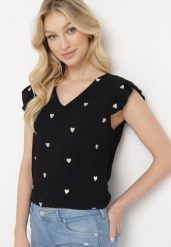 Czarna Bluzka Top z Wiskozy bez Rękawów z Falbankami w Haftowane Serduszka Taella. Czarne topy damskie Born2be, l, bez wzorów, z jeansu, bez kołnierzyka. Za 44.99 zł.