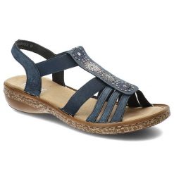 Granatowe Sandały Rieker Stylowe Buty Damskie. Niebieskie sandały damskie Rieker, z aplikacjami, ze skóry ekologicznej, bez obcasa. Za 239.00 zł.