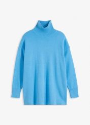 Sweter z prążkowanej czystej bawełny. Niebieskie swetry klasyczne damskie bonprix, z bawełny, bez kołnierzyka. Za 149.99 zł.