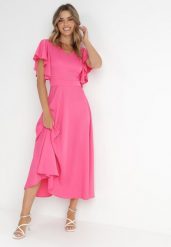 Fuksjowa Rozkloszowana Sukienka Zdobiona Falbanami Emilienne. Czerwone sukienki damskie Born2be, na co dzień, s, z aplikacjami, z jeansu, eleganckie, bez kołnierzyka, bez ramiączek, maxi, proste. W wyprzedaży za 111.99 zł.