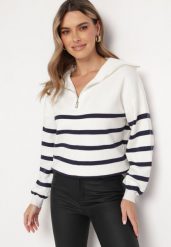 Biało-Granatowy Golf Sweter Zapinany na Suwak w Paski Sakine. Białe golfy damskie Born2be, m, bez wzorów, bez ramiączek. Za 129.99 zł.