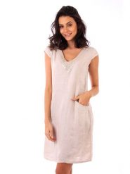 Lin Passion Lniana sukienka w kolorze beżowym rozmiar: 36/38. Brązowe sukienki damskie Lin Passion, z aplikacjami, klasyczne, bez kołnierzyka, bez ramiączek, midi, rozkloszowane. Za 130.99 zł.