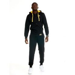 Bluza z bawełna z kaptur na co dzień na siłownię. Czarne bluzy sportowe męskie LEONE 1947 APPAREL, bez wzorów, z bawełny, sportowe, bez kołnierzyka, bez ramiączek. Za 210.46 zł.