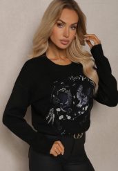 Czarny Sweter Ozdobiony Haftowanym Wzorem w Ptaki Inarielle. Czarne swetry klasyczne damskie Renee, bez kołnierzyka. Za 149.99 zł.
