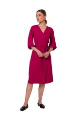 Sukienka elegancka kopertowa z bufiastymi rękawami śliwka. Sukienki damskie Sukienki.shop, do pracy, m, bez wzorów, biznesowe, bez kołnierzyka, bez ramiączek, kopertowe. Za 349.00 zł.