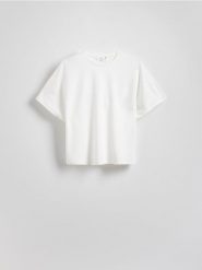T-shirt kimono z dodatkiem modalu - biały. Białe t-shirty damskie Reserved, l, bez wzorów, z dzianiny, bez kołnierzyka. W wyprzedaży za 49.99 zł.