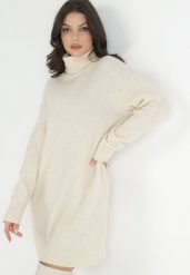 Beżowa Sukienka Wełniana Oversize z Golfem Heire. Brązowe sukienki damskie Born2be, na co dzień, m, bez wzorów, z wełny, eleganckie, bez kołnierzyka, bez ramiączek, mini, kopertowe. W wyprzedaży za 143.99 zł.