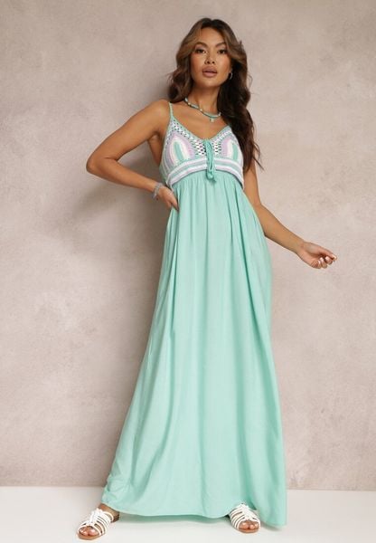 Miętowa Bawełniana Sukienka Maxi z Szydełkową Górą i Gumkami na Plecach Jennesia. Zielone sukienki damskie Renee, na lato, m, bez wzorów, z bawełny, bez kołnierzyka, bez ramiączek, maxi, rozkloszowane. Za 89.99 zł.