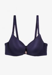 Granatowy Biustonosz z Koronką Push-Up na Regulowanych Ramiączkach Seraine. Niebieskie biustonosze Born2be, bez wzorów, z koronki. Za 34.99 zł.