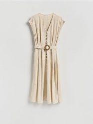 Sukienka z dodatkiem lnu - beżowy. Brązowe sukienki damskie Reserved, l, bez wzorów, z wiskozy, bez kołnierzyka, bez ramiączek, rozkloszowane. Za 159.99 zł.