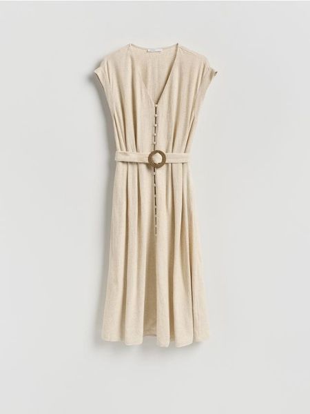 Sukienka z dodatkiem lnu - beżowy. Brązowe sukienki damskie Reserved, l, bez wzorów, z wiskozy, bez kołnierzyka, bez ramiączek, rozkloszowane. Za 159.99 zł.