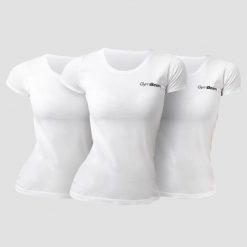 Koszulka damska fitness z krótkim rękawem biała Basic 3Pack. Białe bluzki sportowe damskie GYMBEAM, xl, bez wzorów, z bawełny, bez ramiączek. Za 102.90 zł.