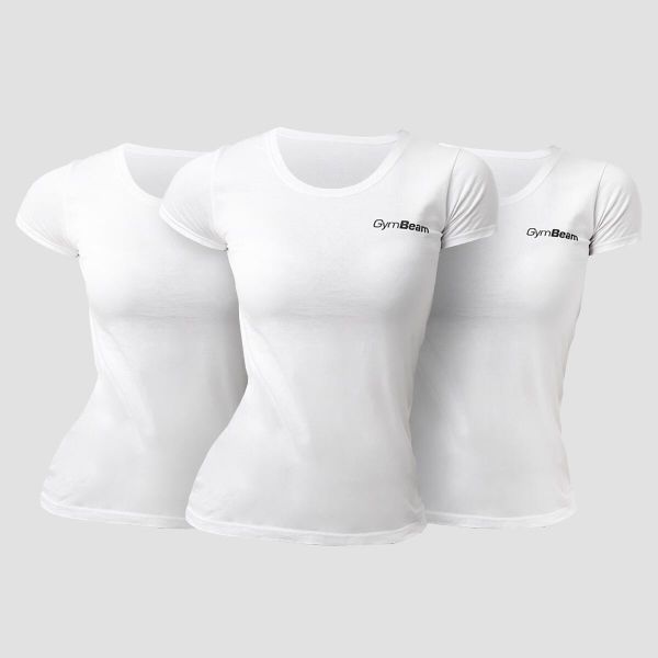 Koszulka damska fitness z krótkim rękawem biała Basic 3Pack. Białe bluzki sportowe damskie GYMBEAM, xl, bez wzorów, z bawełny, bez ramiączek. Za 102.90 zł.