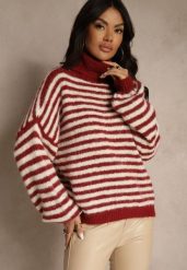 Bordowy Golf z Dodatkiem Wełny Ozdobiony Paskami Monarria. Czerwone golfy damskie Renee, bez wzorów, z jeansu, bez ramiączek. Za 169.99 zł.