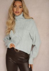 Miętowy Casualowy Golf z Tłoczonym Wzorem Daivyn. Zielone golfy damskie Renee, s, z aplikacjami, z jeansu, bez ramiączek. Za 79.99 zł.
