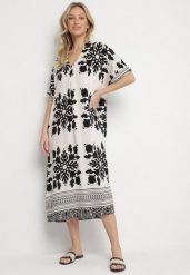 Biała Sukienka Pudełkowa z Wiskozy z Dekoltem w Serek w Etniczny Wzór Abrellis. Białe sukienki damskie Born2be, na co dzień, l, bez wzorów, z wiskozy, eleganckie, bez kołnierzyka, bez ramiączek, midi, kopertowe. Za 79.99 zł.