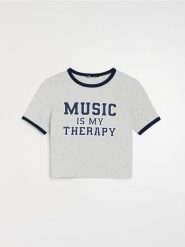 Koszulka z napisem i kontrastowym wykończeniem - szary. Szare t-shirty damskie Sinsay, l, bez wzorów, bez kołnierzyka. Za 29.99 zł.