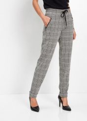 Spodnie z gumką w talii w kratę glencheck. Szare spodnie materiałowe damskie bonprix, bez wzorów, klasyczne. Za 179.99 zł.