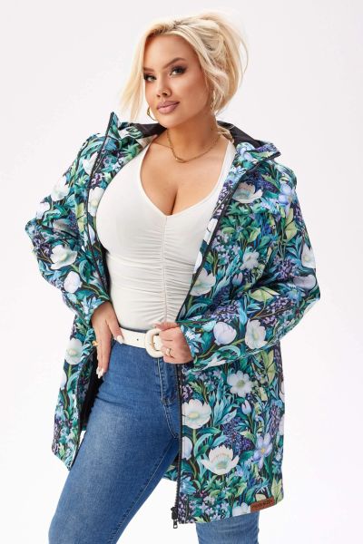Lekka kurtka przejściowa SOFTSHELL z kapturem w kwiaty w odcieniach błękitu i zieleni OVERSIZE PLUS SIZE XXL JESIEŃ. Niebieskie kurtki softshell damskie Moda Size Plus Iwanek, m, bez wzorów, z bawełny, z kapturem. Za 559.90 zł.