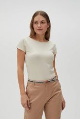 Dopasowany t-shirt beżowy. Brązowe t-shirty damskie MOODO, m, bez wzorów, z bawełny, bez kołnierzyka. Za 34.99 zł.
