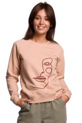 Klasyczna Bluza Dresowa z Nadrukiem - Beżowa. Brązowe bluzy bez kaptura damskie MOE, l, z bawełny. Za 219.90 zł.
