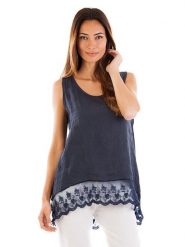 Lin Passion Lniany top w kolorze granatowym rozmiar: 40/42. Niebieskie topy damskie Lin Passion, bez wzorów, z koronki, bez kołnierzyka. Za 173.99 zł.