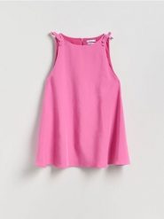 Sukienka mini - fioletowy. Fioletowe sukienki damskie Reserved, l, bez wzorów, z tkaniny, bez kołnierzyka, bez ramiączek, mini, rozkloszowane. W wyprzedaży za 39.99 zł.