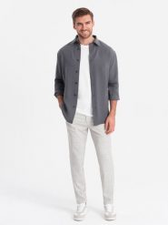 Spodnie męskie o klasycznym kroju w delikatną kratę - beżowe V1 OM-PACP-0187 - XXL. Brązowe spodnie materiałowe męskie Ombre Clothing, bez wzorów, z materiału, klasyczne. Za 143.99 zł.