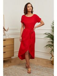 Le Monde du Lin Lniana sukienka w kolorze czerwonym rozmiar: 36/38. Czerwone sukienki damskie Le Monde du Lin, bez wzorów, ze lnu, z asymetrycznym kołnierzem, bez ramiączek, midi, asymetryczne. Za 130.99 zł.