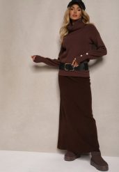 Brązowa Spódnica z Wełną High Waist o Rozkloszowanym Kroju Emirela. Brązowe spódniczki damskie Renee, uniwersalny, bez wzorów, z materiału, biznesowe, z podwyższonym stanem, maxi, dopasowane. Za 69.99 zł.
