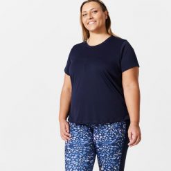Koszulka fitness damska Domyos Plus Size krótki rękaw. Czarne bluzki damskie DOMYOS, l, bez wzorów, z elastanu, bez ramiączek. Za 39.99 zł.