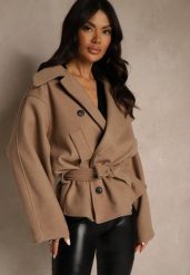 Beżowy Pudełkowy Krótki Płaszcz z Wiskozą z Wiązanym Paskiem i Kołnierzykiem Tusainea. Brązowe płaszcze damskie Renee, bez wzorów, z dzianiny. Za 169.99 zł.