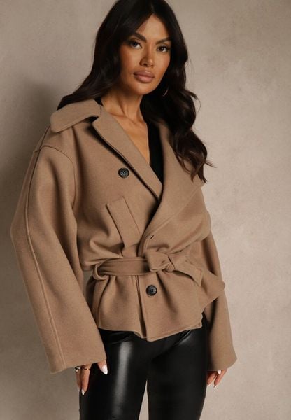 Beżowy Pudełkowy Krótki Płaszcz z Wiskozą z Wiązanym Paskiem i Kołnierzykiem Tusainea. Brązowe płaszcze damskie Renee, bez wzorów, z dzianiny. Za 169.99 zł.