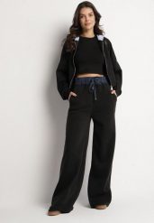 Czarne Szerokie Spodnie z Bawełną Wysokim Stanem i Wstawką Imitującą Jeans Tannira. Czarne jeansy damskie Born2be, z podwyższonym stanem. Za 54.99 zł.