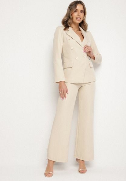 Beżowy Komplet Garniturowy Szerokie Spodnie i Marynarka Arkellia. Brązowe marynarki i żakiety damskie Born2be, bez wzorów, biznesowe. Za 119.99 zł.