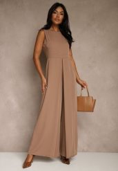 Ciemnobeżowy Taliowany Kombinezon Ozdobiony Zakładkami Berinola. Brązowe kombinezony damskie Renee, l, bez wzorów, eleganckie, bez kołnierzyka, bez ramiączek. Za 149.99 zł.