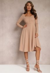 Beżowa Sukienka Midi o Rozkloszowanym Fasonie z Ozdobnymi Guzikami Gerdalia. Brązowe sukienki damskie Renee, s, bez wzorów, eleganckie, bez kołnierzyka, bez ramiączek, midi, rozkloszowane. W wyprzedaży za 97.99 zł.