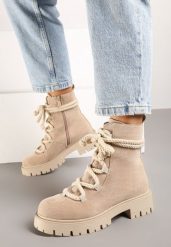 Beżowe Botki na Grubej Podeszwie z Ozdobnym Sznurowaniem Innarisse. Brązowe botki damskie Born2be, z jeansu, eleganckie, bez obcasa, na obcasie, bez zapięcia. Za 159.99 zł.