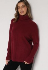 Bordowy Sweter z Golfem i Dodatkiem Kaszmiru Rorizia. Czerwone golfy damskie Born2be, z aplikacjami, z jeansu, bez ramiączek. Za 119.99 zł.