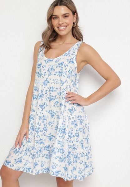 Biało-Niebieska Rozkloszowana Sukienka z Bawełny z Kwiatowym Wzorem Anniviana. Białe sukienki damskie Born2be, na co dzień, na lato, l, bez wzorów, z bawełny, eleganckie, bez kołnierzyka, bez ramiączek, proste. Za 39.99 zł.