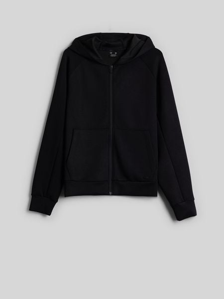 4F Bluza dresowa regular z kapturem damska - czarna XL. Czarne bluzy z kapturem damskie 4f, xl, bez wzorów, z dresówki. Za 169.99 zł.